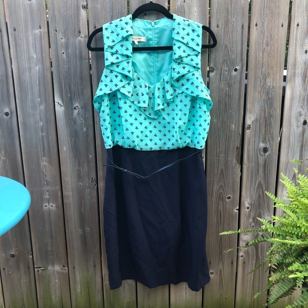 Evan Picone SZ 12 ruffle dress mini belt mint navy blue size 12